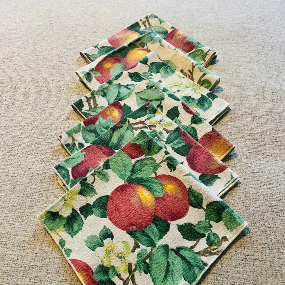 Vintage Apple Blossom Cloth Napkins Set of 6 Farmhouse Red Green Fruit Print 17